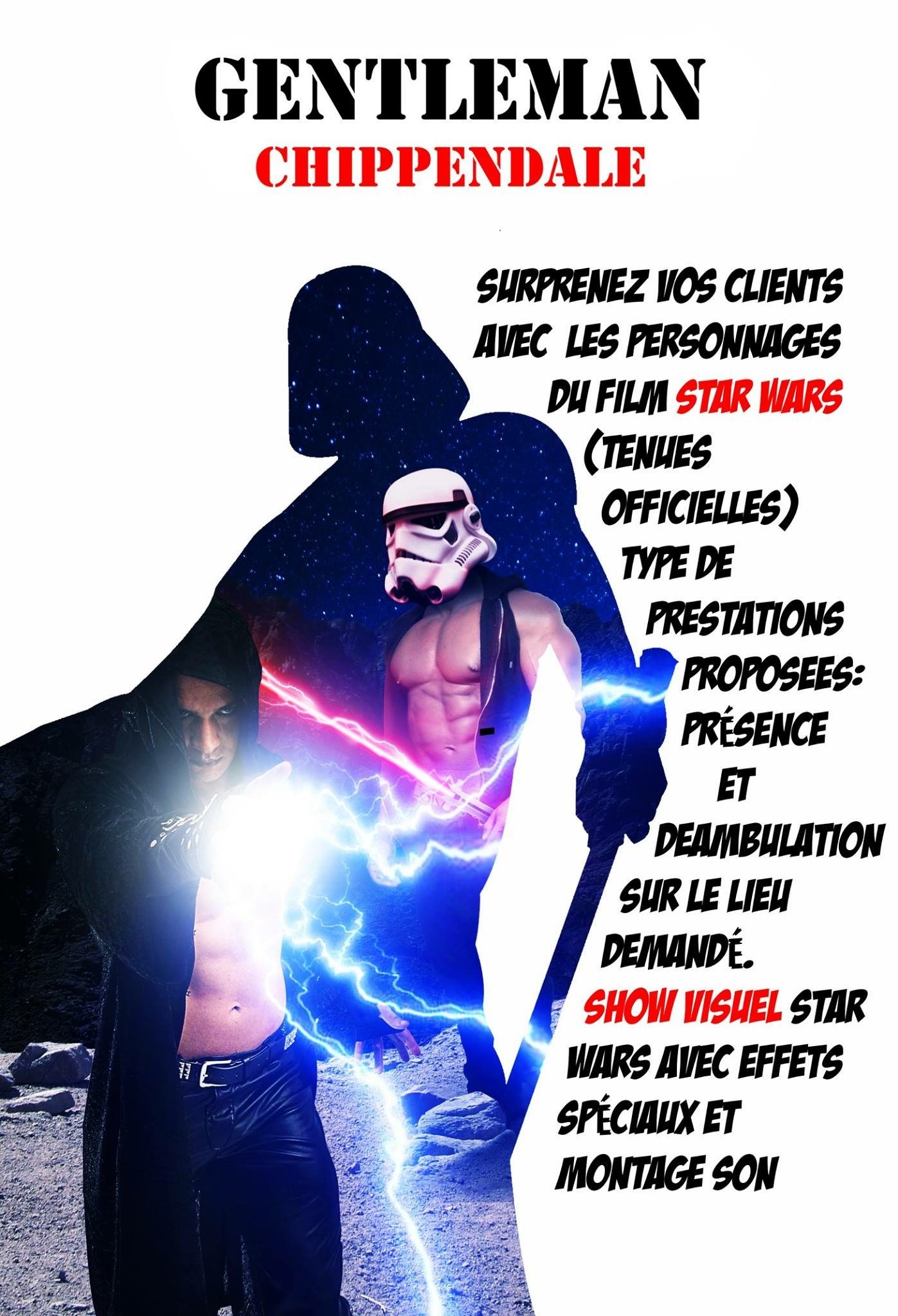 Stripteaseur en Stormtrooper et danseur Sith avec sabre laser, animation Star Wars des Gentlemen Striptease en Provence