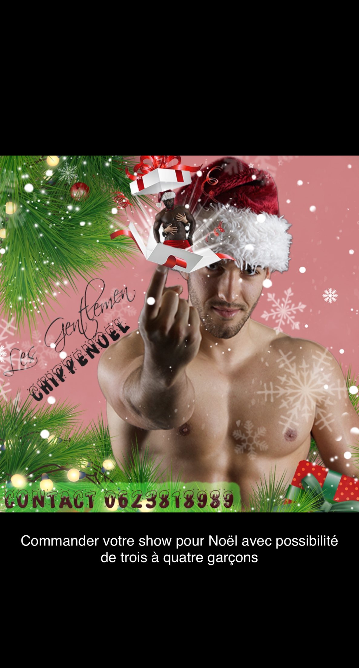 Danseur chippendale surgissant d'une boîte cadeau de Noël, show ChippeNoël Les Gentlemen en PACA